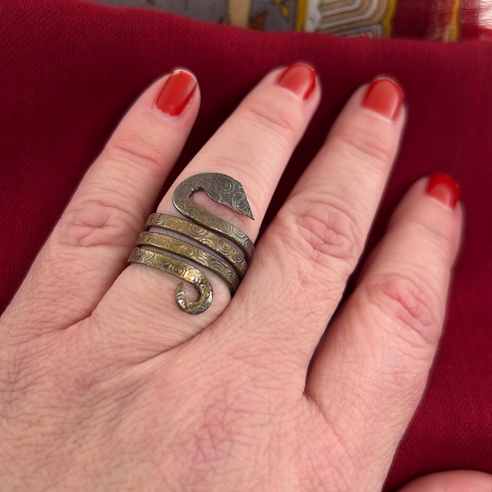 Vintage Handmade Snake ring, silver over copper or brass, adjustable